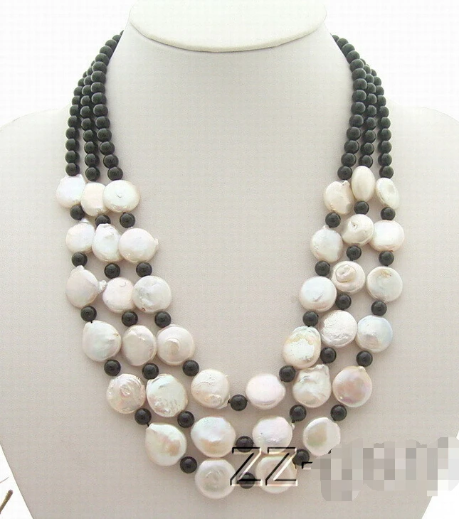 

FREE shipping>>>>>>N0907102 15MM Natural White Pearl&Onyx Necklace new