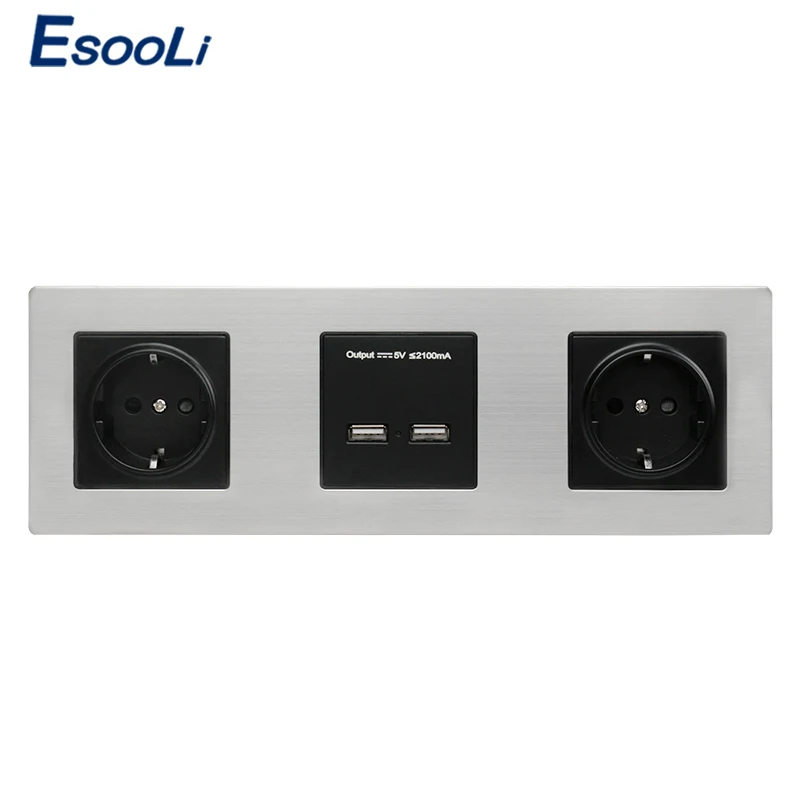Esooli настенная панель из нержавеющей стали, двойная розетка 16А, европейская электрическая розетка, двойной USB, умный зарядный порт, 5 В, 2 А, выход, черный - Тип: Настенная розетка
