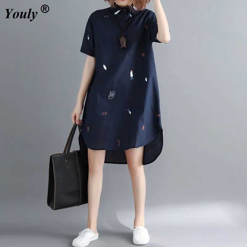 

Vintage POLO Collar Shirt Dress Women Long Sleeve Loose Casual Midi Shirt Fashion Streetwear Printed Split Blouses Vestidos
