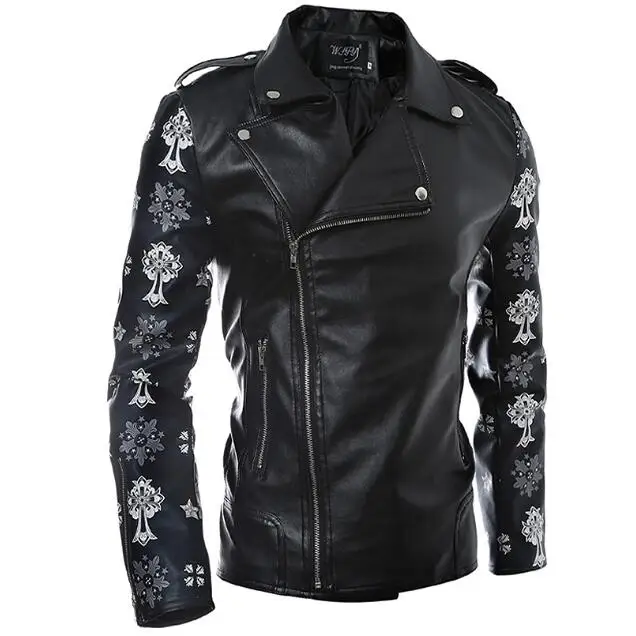 Модная мужская кожаная куртка в стиле панк-рок из искусственной кожи с черепом, кожаная куртка, мотоциклетная Байкерская приталенная Мужская брендовая одежда в стиле хип-хоп - Цвет: Black