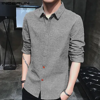 

INCERUN Fashion Casual Brand Shirt Men Long Sleeve Lapel Neck Korean Style Solid Color Business Men Shirts Camisa Masculina 2019