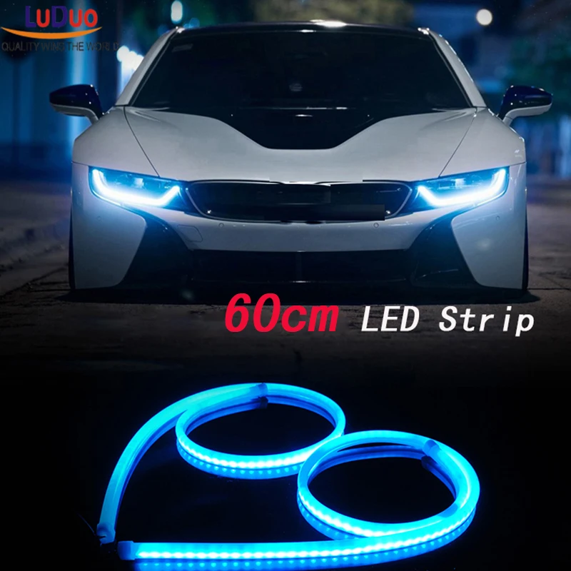 2Pcs 60cm White+Yellow Flexible led Tube Strip car styling Soft DRL Headlight Lamp Guide Car LED