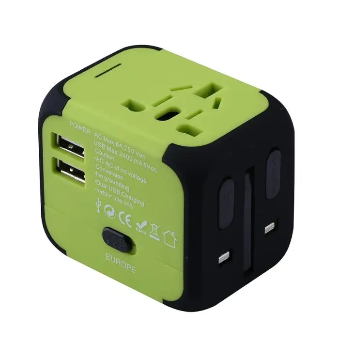 Универсальный адаптер путешествия Электрический Вилки Розетки конвертер США/AU/UK/EU с двойной зарядка через USB 2.4A LED мощность индикатор - Цвет: Green Black