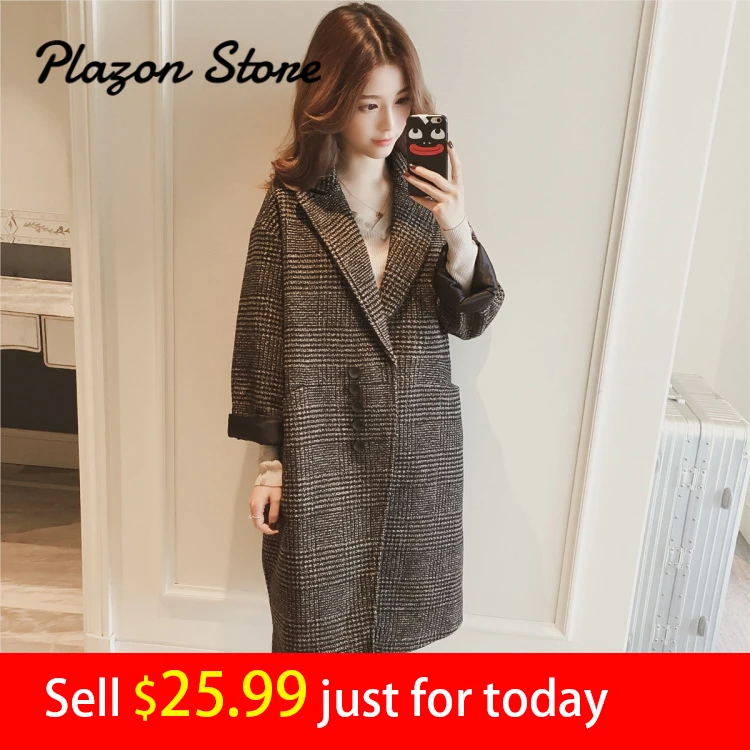 

Plaid Coat Windbreaker Jacket Vintage Elegant Woolen Coat Pocket Button Wool Long Coat Ropa De Invierno Para Mujer 2018