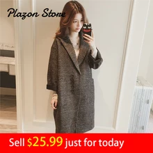Plaid Coat Windbreaker Jacket Vintage Elegant Woolen Coat Pocket Button Wool Long Coat Ropa De Invierno Para Mujer 2018