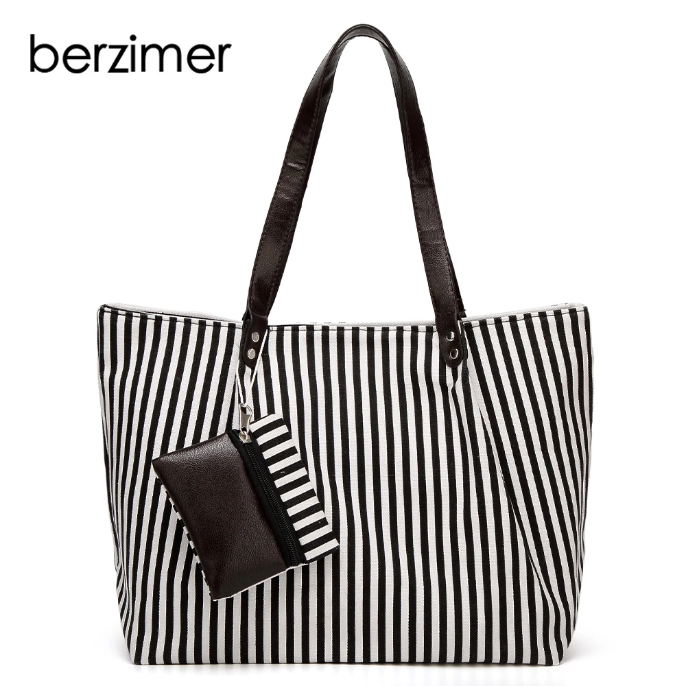 

BERZIMER Fashion Women Handbags Shopping Bags Nice Black Blue Rose Pink Striped Shoulder Bags Large Capaticy Tote Bags for Women