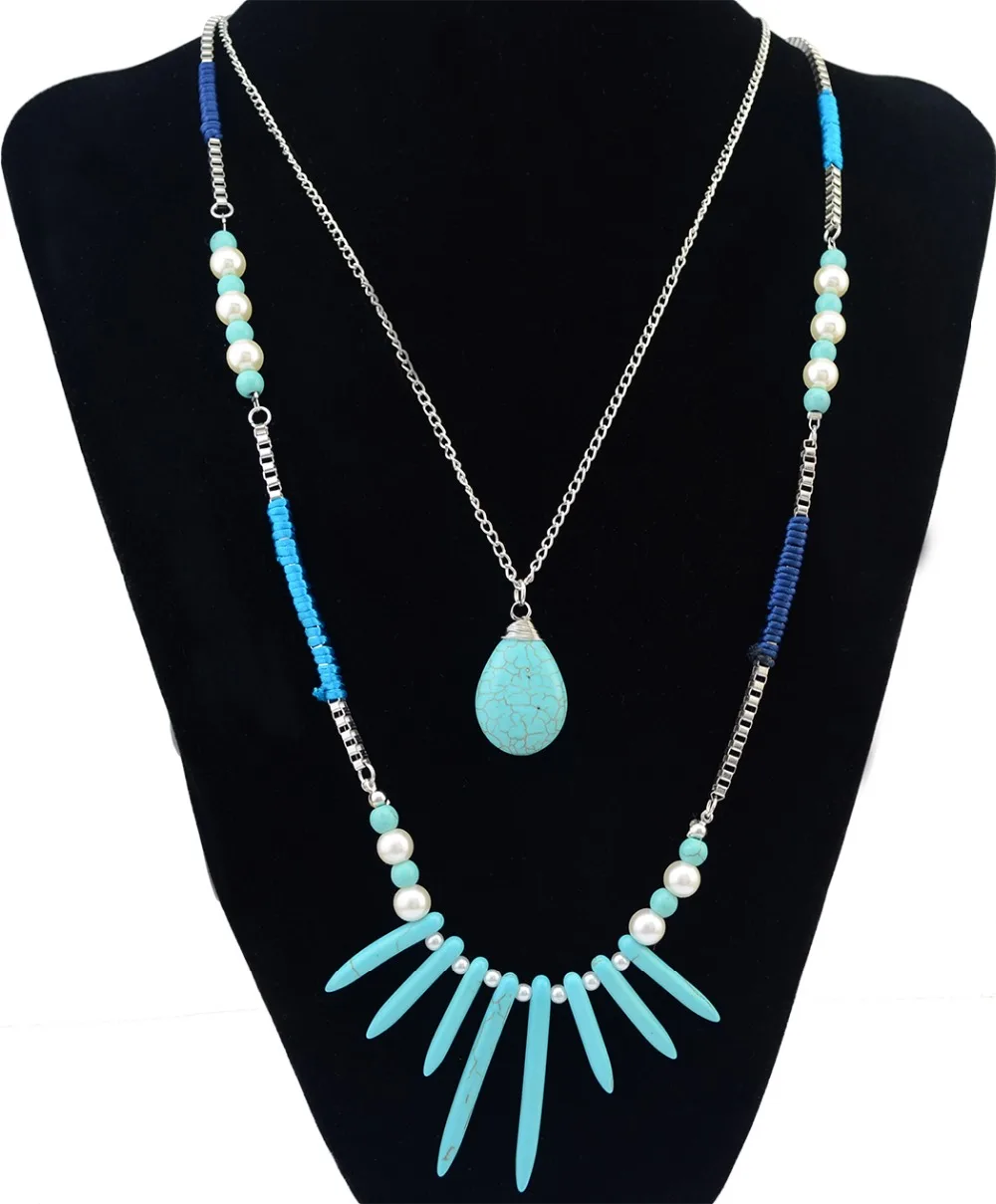 Bohemian Style 2 Layers Silver Chains Fashion Necklaces Natural Blue