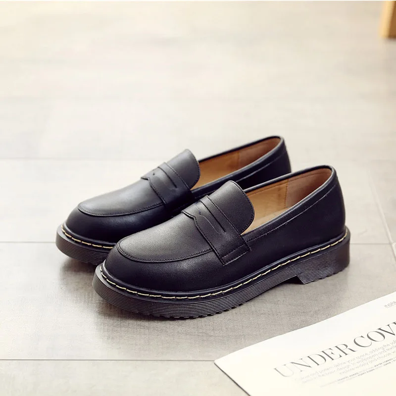 

QPFJQD Retro College Student Flats Genuine Split Leather Slip-On Women Black Loafers Soft Platform Shoes Classic Japanese Style