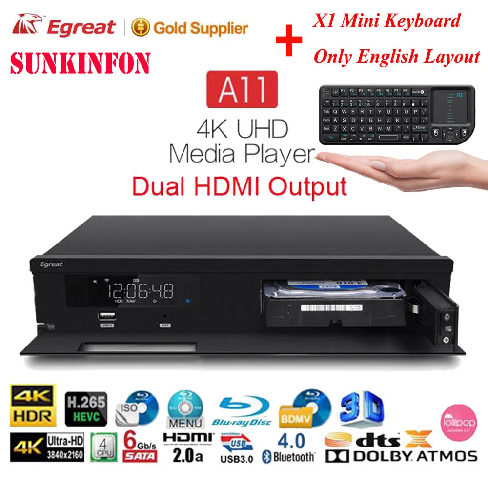 Домашний кинотеатр Egreat A11 3D 4K Blu-Ray HDD медиаплеер двойной HDMI выход UHD Android tv Box 2,4G/5G двойной WiFi HDR10 Dolby DTS: X - Цвет: A11 Mini X1 English