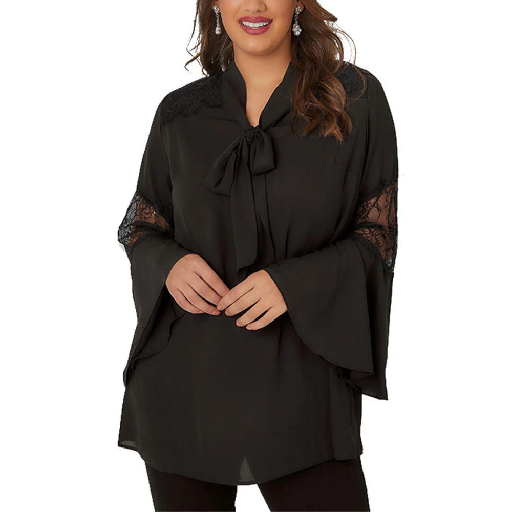 Plus Size Elegant Chiffon Tops Fashion Black Blouses Bow neck Long Flare  Sleeve Clothes Retro OL Blusas Female High Street Wear|Blouses u0026 Shirts| -  AliExpress