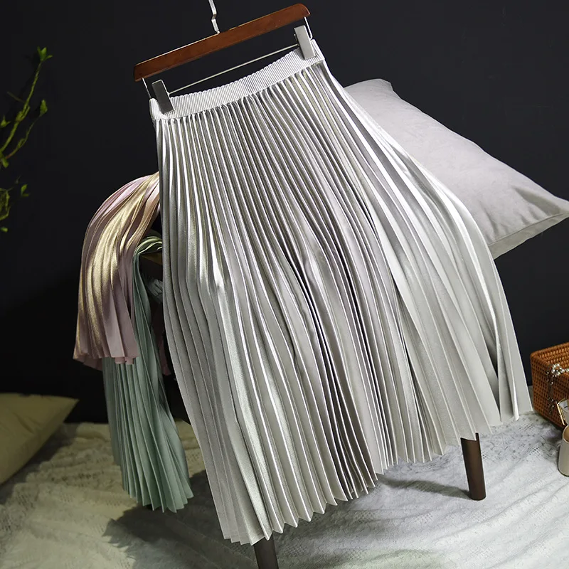 Женская сатиновая плиссированная юбка Шикарная высокая талия Длинная летняя металлическая Новое поступление эластичные юбки для девочек Корейский Стиль Уличная офисная OL