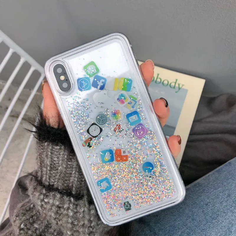 Para iPhone 8 líquido duro de la PC de la carcasa del teléfono para iPhone 6 iPhone 6 6 S 7 8 Plus X XS X XR funda con icono de aplicación bonita cubierta de arena movediza MAX