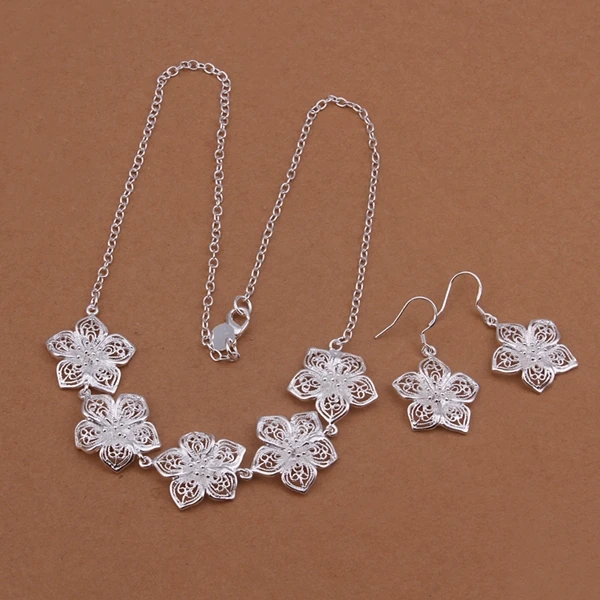 

925 sterling silver jewelry five wonderful flower tag necklace with drop hook earring jewerly sets for women girls fine fashion