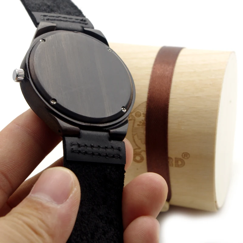 BOBO BIRD V-D26 Mens Black Ebony Wooden Watch Wood Dial Leather Strap Quartz Watches erkek kol saati in Gift Box relojes hombre