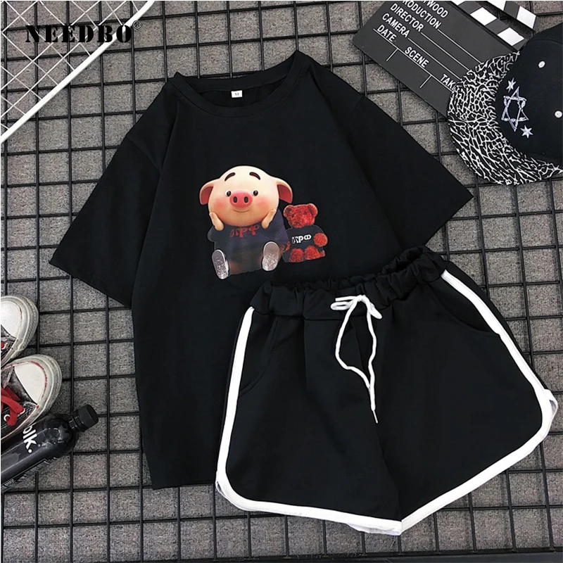 

NEEDBO Two Piece Set Top and Shorts tshirt Women Print Cartoon Pig Sports Running Casual Tracksuit Women Sets Clothes for Summer