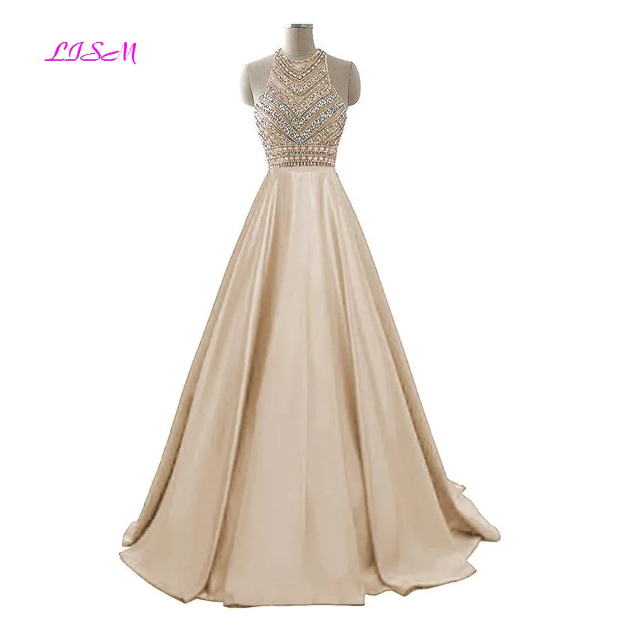 Royal Blue Crystals Prom Dresses 2022 A-Line Sleeveless Party Dress with Pockets O-Neck Beaded Satin Long Formal Evening Gowns rose gold prom dress Prom Dresses