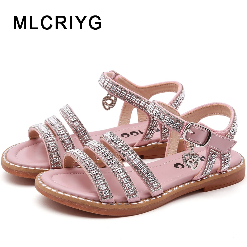 

New 2019 Summer Kids Princess Sandals Baby Girls Beach Sandals Children Rhinestone School Sandals Pink Fashion Flats Brand Shoes