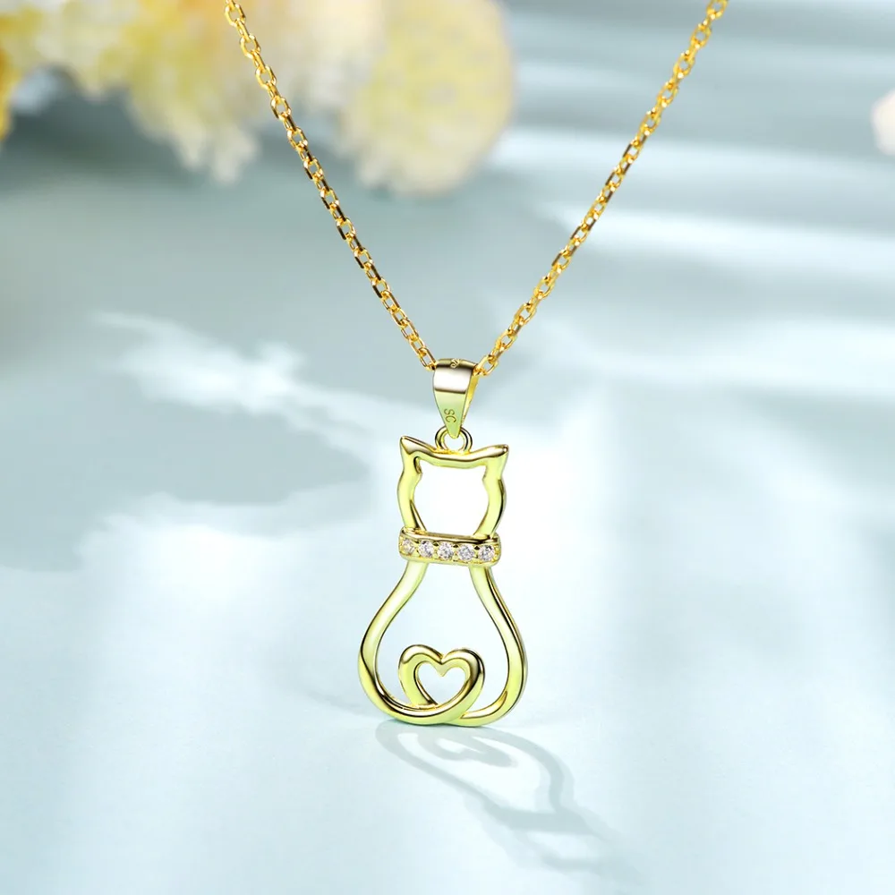 Lovely Cute Animal CZ Women's Fashion Jewelry Sterling Silver Cat Pendant Necklace - PeticaDeals