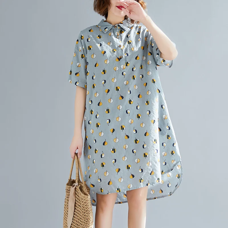 

Fashion 2019 New Summer Women Dresses Plus Size Casual Cotton Linen Blouse Dress Short Sleeve Loose Print Vintage Dress