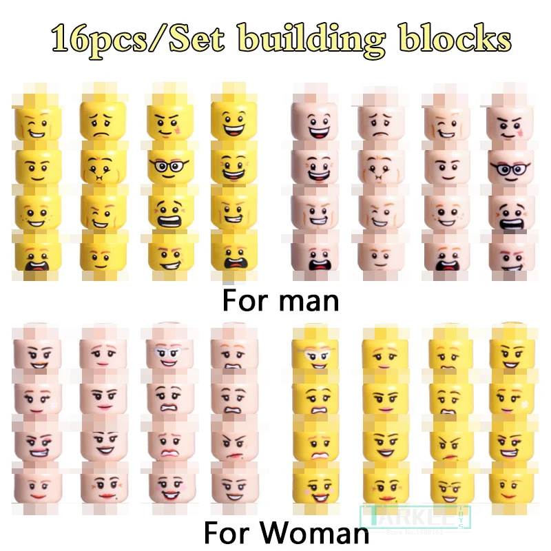 

16pcs/lot Single Bricks Figure Face Head Expression Female/Male Joker Accessories Building Blocks Set Model Toys for Children