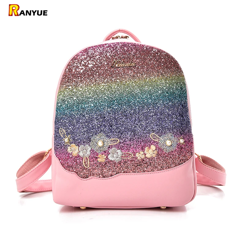 

Bling Glitter Shining Color Sequins Backpack Women Backpack Floral Embroidery Pu Leather Backpacks Girls Small Travel School Bag