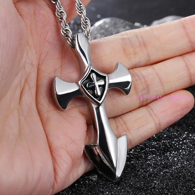 60mm*32mm Trendy Silver Black Exquisite Cross Pendant Necklace 316L