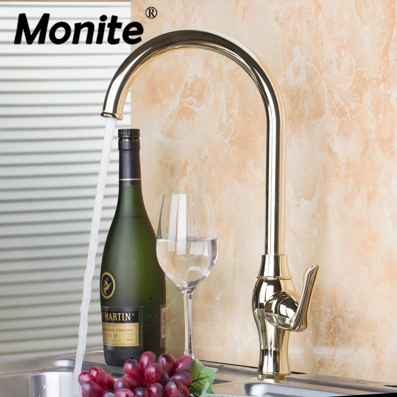 Swivel Golden Brass Water Kitchen Sink Basin Vessel Golden Polished Deck Mounted Single Handle Mixer Tap Faucet golden plated water mixer tap faucet kitchen sink basin swivel vessel golden polished deck mounted single handle faucet