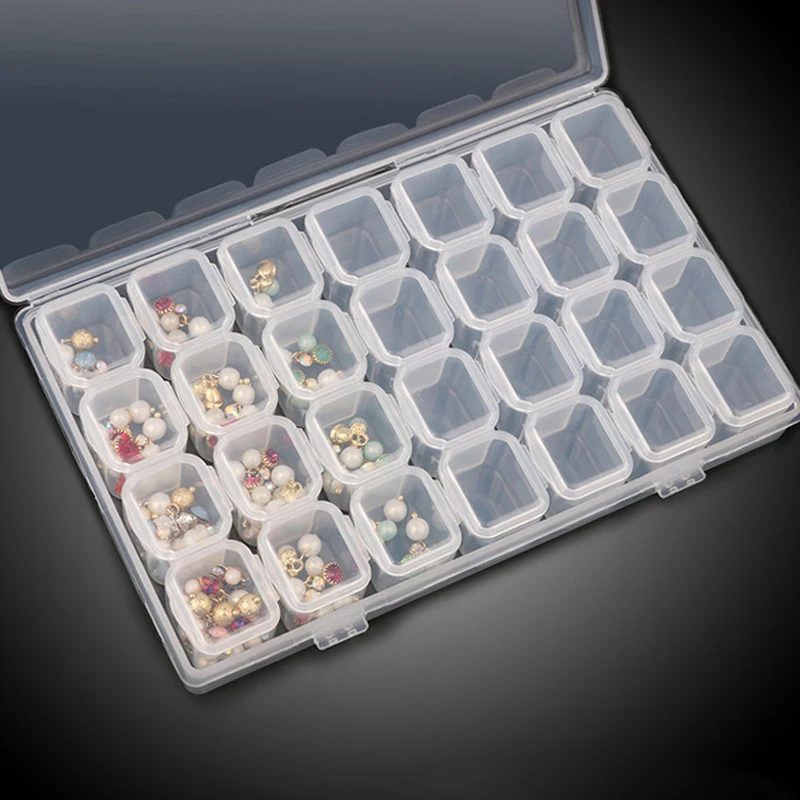 

28 Grids Plastic Jewelry Container Box Empty Nail Art Rhinestone Glitter Powder Beads Storage Case Pill Organizer