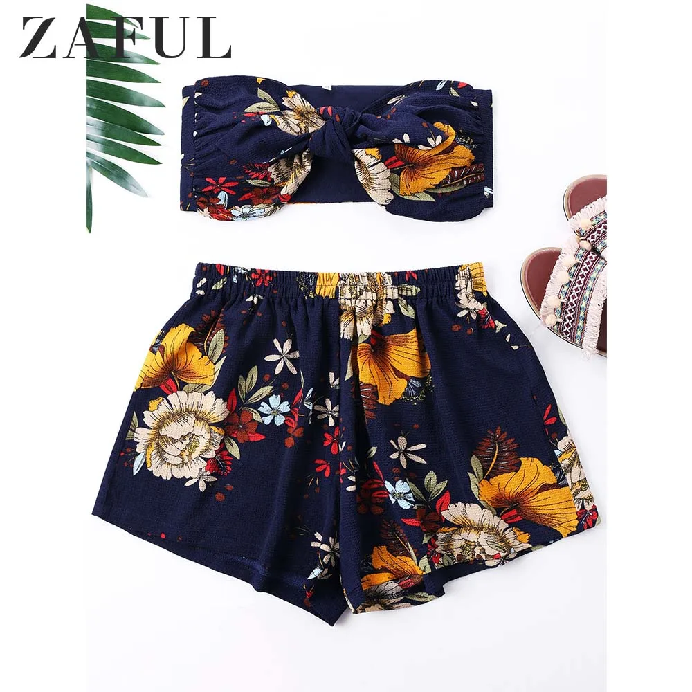 

ZAFUL Flower Printed Mini Tube Top Shorts 2019 Summer 2 Pieces Women Sets Boho Beach Girls Strapless Crop Top Low Waist Shorts