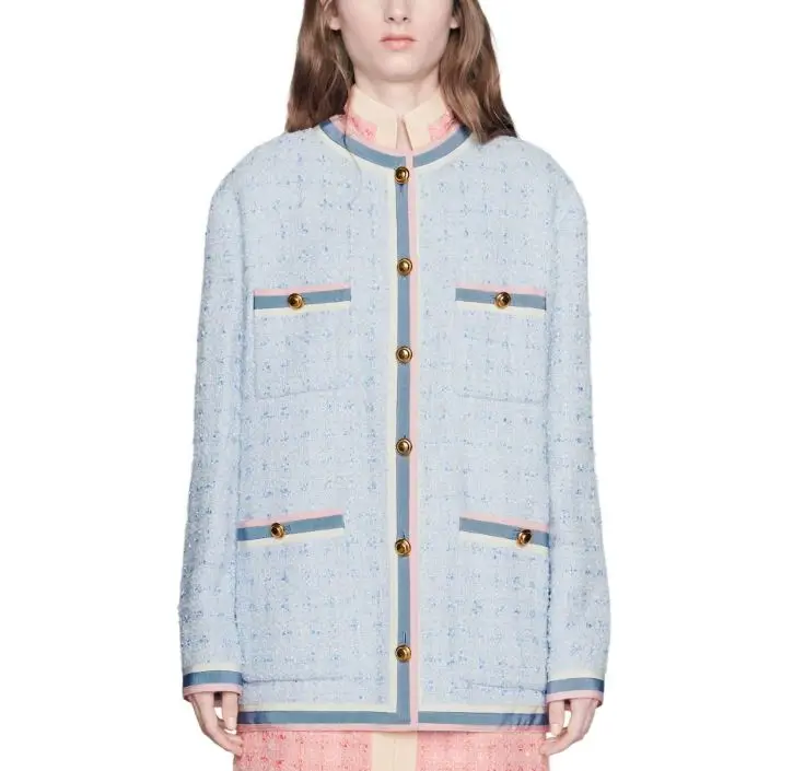 

2019 Women's Stripe grosgrain ribbon trims Stripe-Trim Button-Front Contrast Trim Tweed Jacket