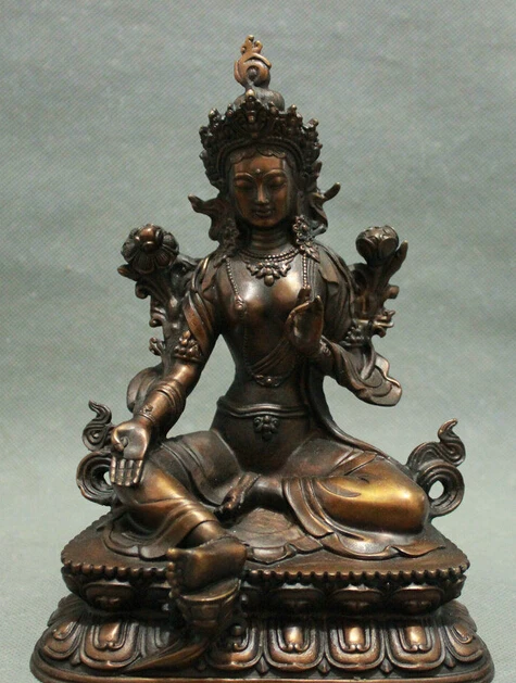 

S07177 8" Tibet Buddhism Bronze Collect Lotus Green Tara Buddha Kwan-yin Goddess Statue