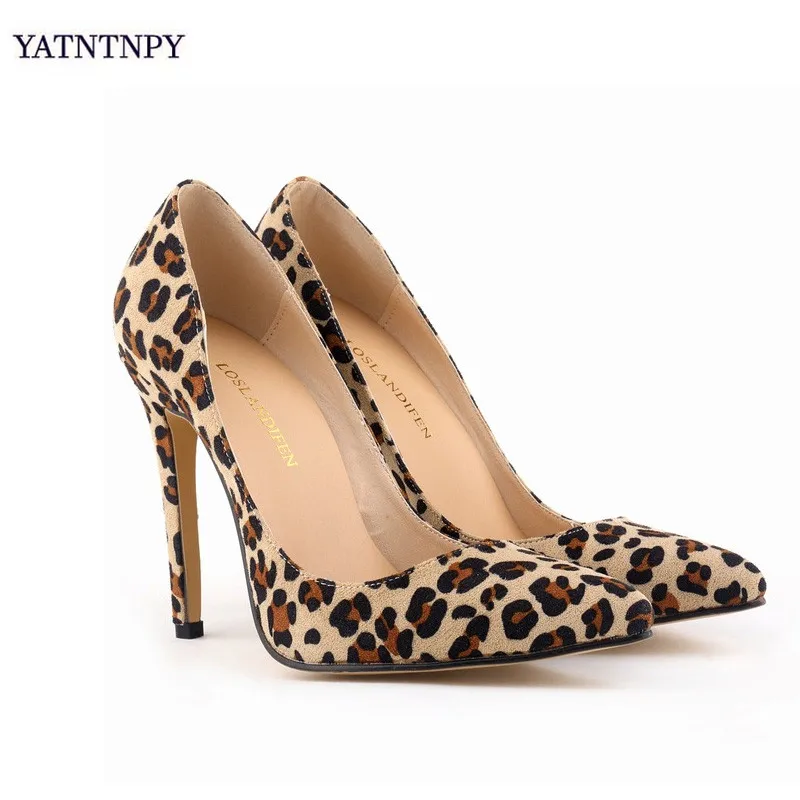 

YATNTNPY Big size Fashion High Heels Leopard Shoes Women Pumps Office Lady Pointed Toe Flock Sexy 12 cm Wedding Sapato Feminino