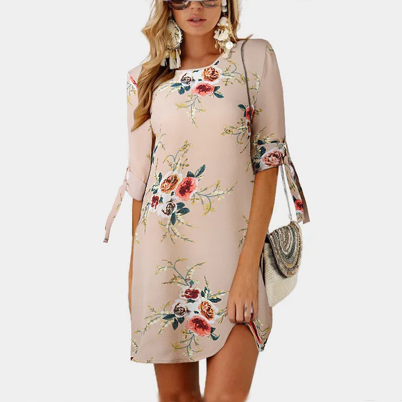 Женское платье летнее сексуальное шифоновое платье с цветочным принтом бохо стиль Короткие вечерние Пляжные Платья Туника плюс размер - Цвет: Khaki