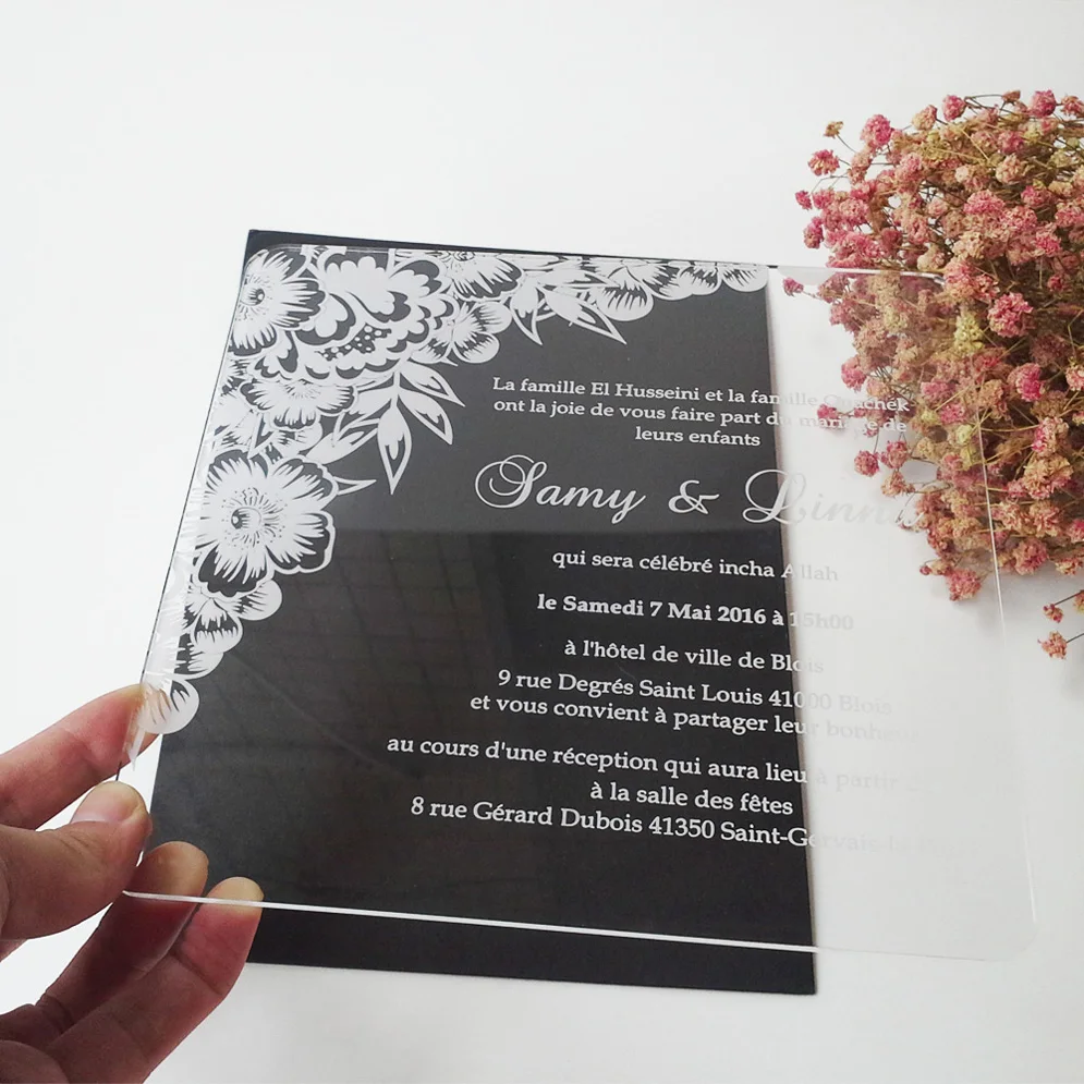 Sample Order For 7 7inch Flower Elements Square Shape Clear Acrylic Wedding Invitation Card Sample Order For 7 7inch Flower Elements Square Shape Clear Acrylic Wedding Invitation Card