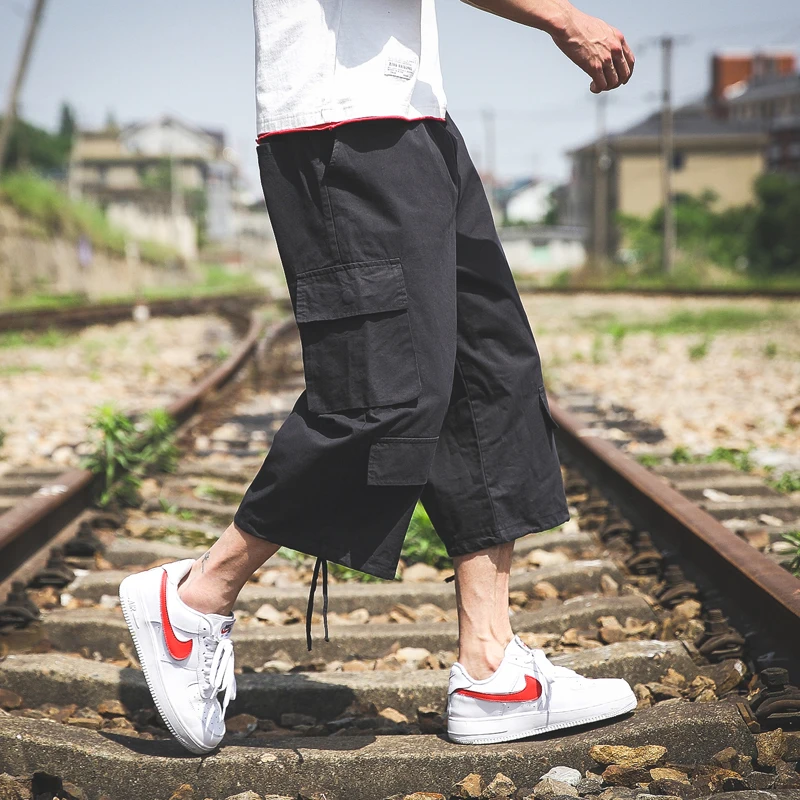 

Solid Color Calf-Length Pants Straight Multi-Pockets Men's Pants Large Size Black Gray Green Calf-Length Pants