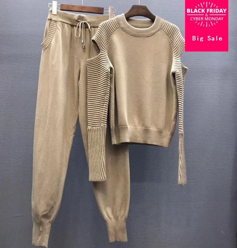 

2019 Spring Knitted warm Suit Round neck Knit Sweater + hollow out LongPant Leisure Two-piece suits wj1763 wholesale dropshiping