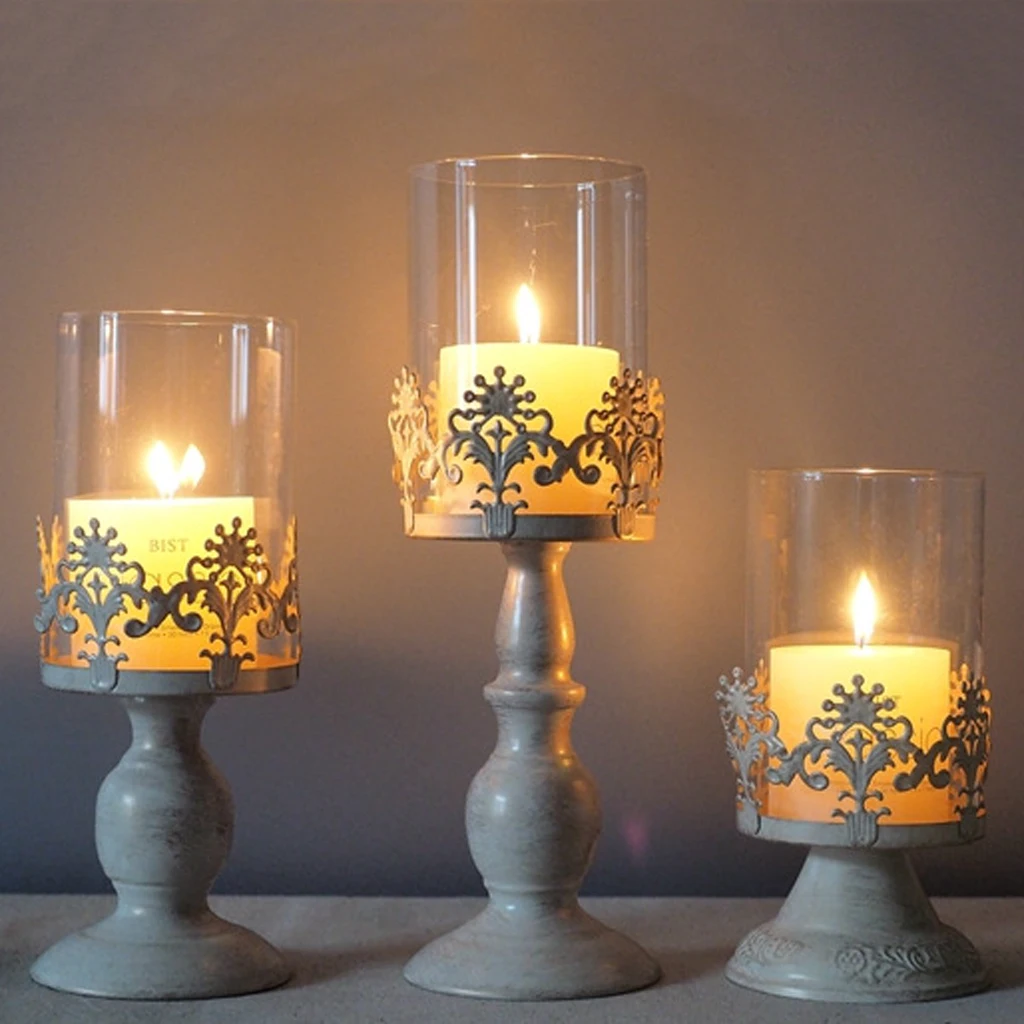 3PCS Pillar Candlestick Candle Holder Hurricane Lantern Home Wedding Decor