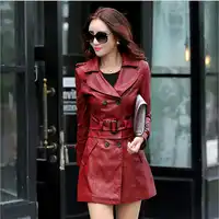 Hot 2018 Herfst Nieuwe Vrouwen Lange Leren Jas Slanke Plus Size Boog Riem Motorfiets PU Lederen Lange Jas Jas Leer geul