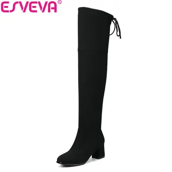 

ESVEVA 2018 Women Boots Ladies Fashion Flock Over The Knee Boots Women Boots Square Toe Western Stretch Fabric Boots Size 34-43