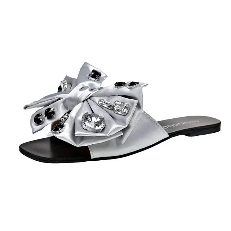 Sandalias Seda Big nudo rosado Playa gris Zapatillas Mujer plata Rhinestone Bow Plana Diapositivas Arco De Flipflops Rosa Zapatos Negro Bow 5awx4tfq