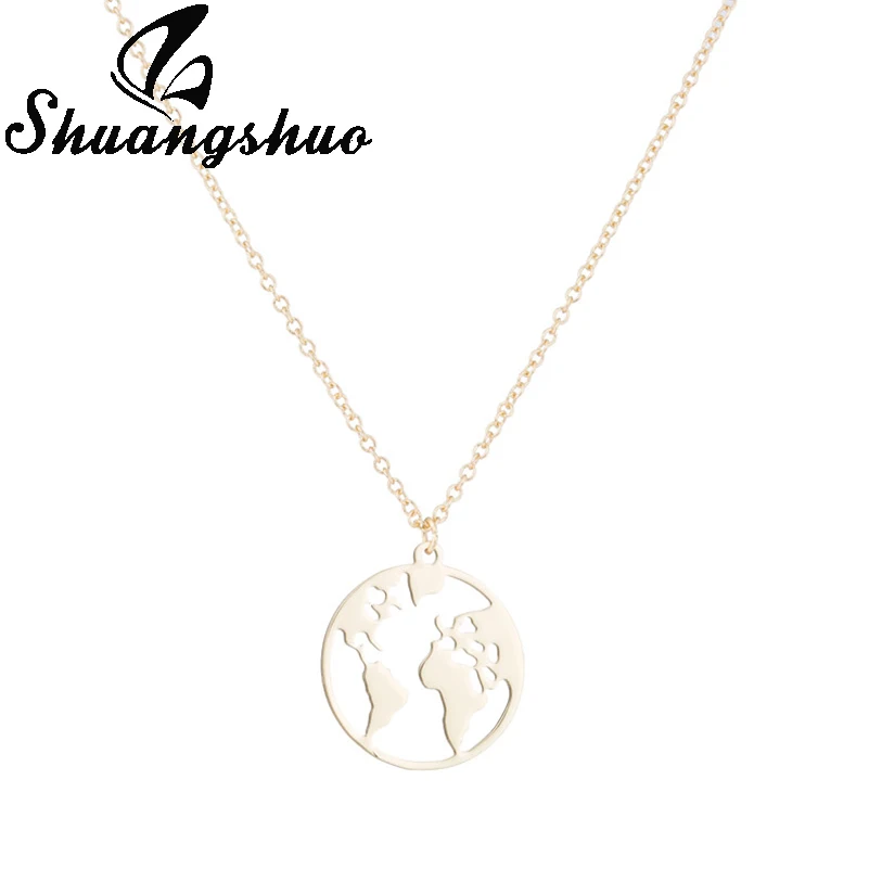 

Shuangshuo Gold Map Necklace For Women Map Pendant Necklaces Hollow Out Stainless Steel Long Chain Necklace collares femme