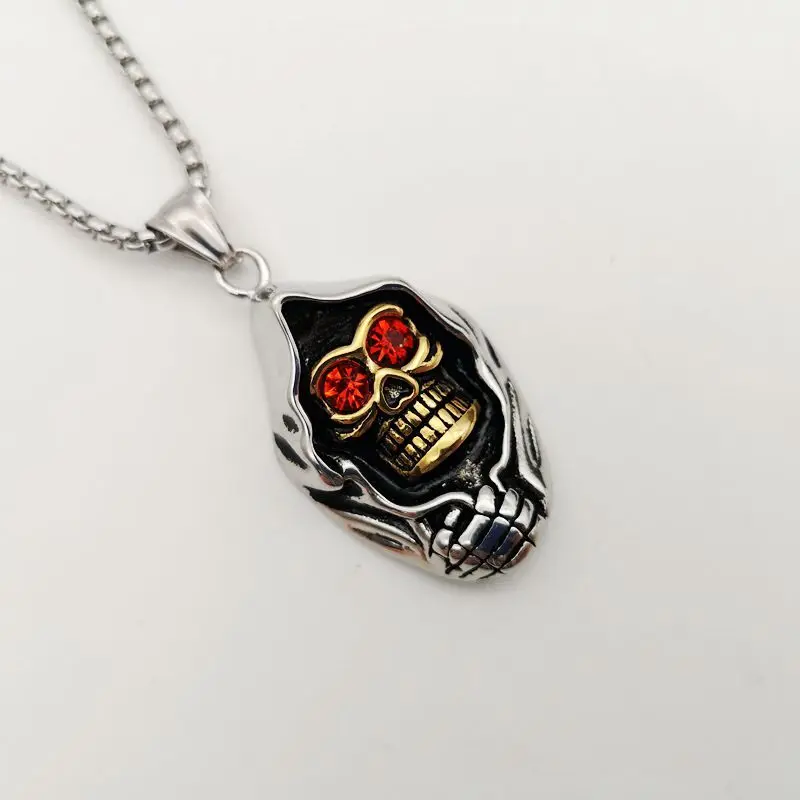 2 tone Silver Gold color stainless steel cloaked Skull pendant necklace