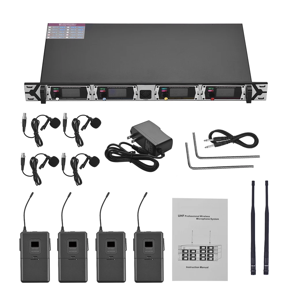 Muslady D4-1 4-канальный UHF беспроводной микрофон 4 микрофона с отворотами