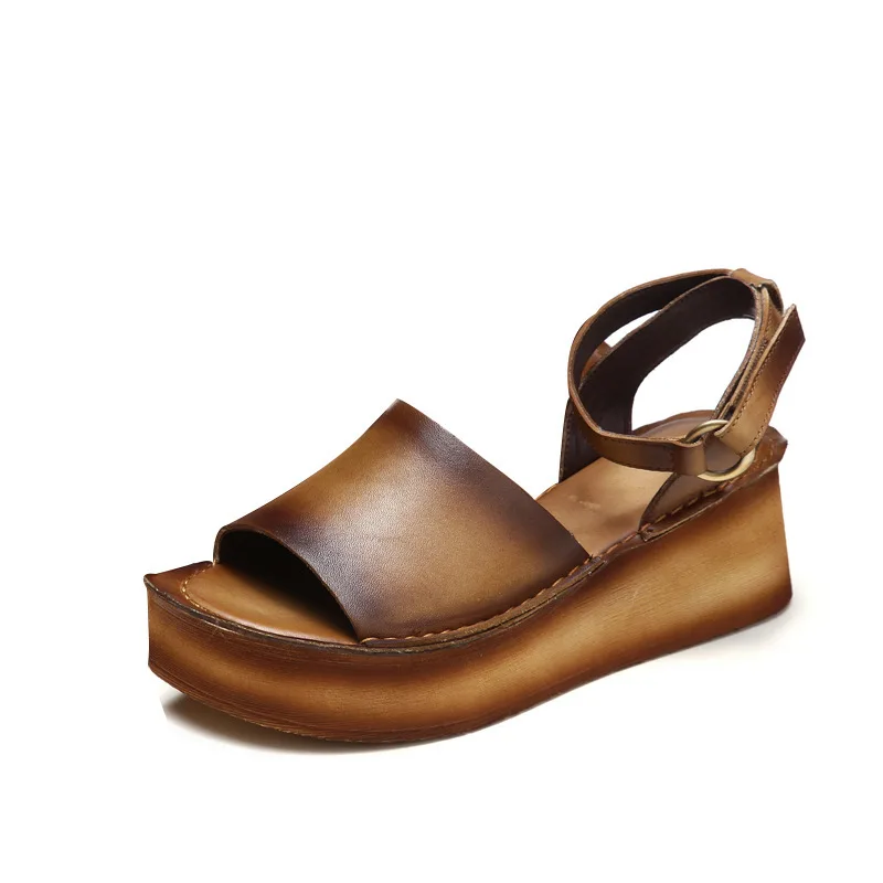 2017 New Woman Wedges Platform High Heel Genuine Cowhide buckel Retro Womens Real Leather Handmade Summer Sandal Shoes Vintage