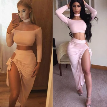 

Women 2PCS Skirts Tops Sexy Cocktail Evening Halter Mini Crop Tops Bow Skirt Suit Slash neck High split Summer Bandage Blouse