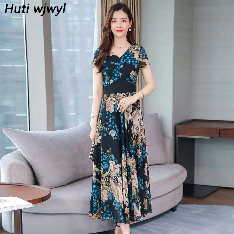 

2019 Floral Chiffon Bodycon Beach Midi Dress Women Party Vestidos Summer Elegant Vintage 3XL Plus Size Print Boho Maxi Sundress