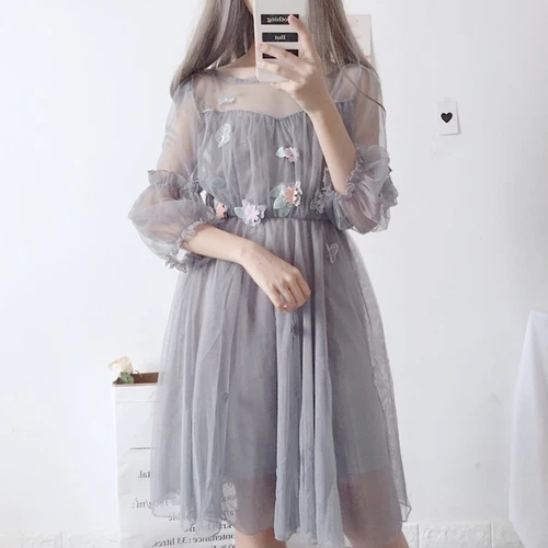 Летнее японское кружевное платье в стиле Лолиты, мягкое каваи цветочное винтажное цветочное женское сексуальное платье, милая плиссированная Женская одежда, комплекты из двух предметов - Цвет: gray dress
