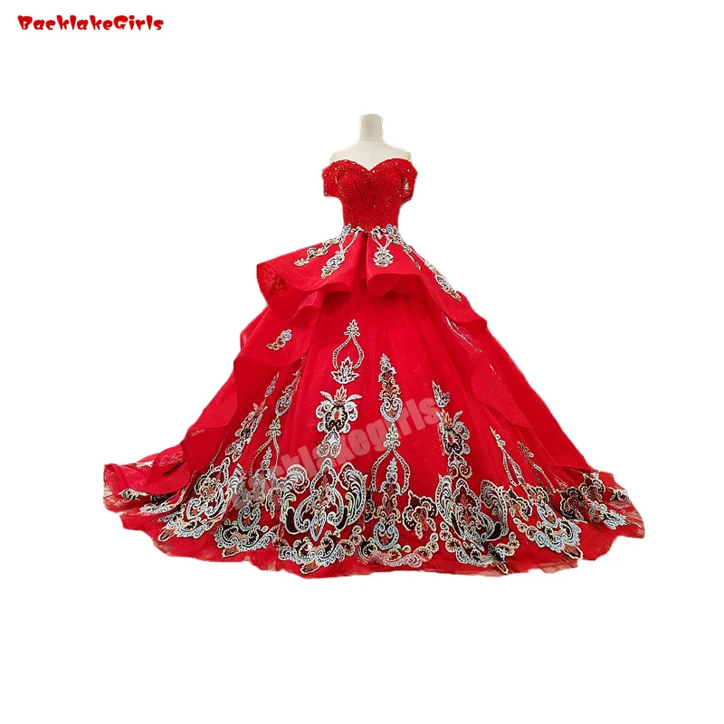 

60411 Ruffle Big Ball Gown Lace Appliqued Beaded Long Tail Sweetheart Red Court Train Wedding Dress Bridal Gowns