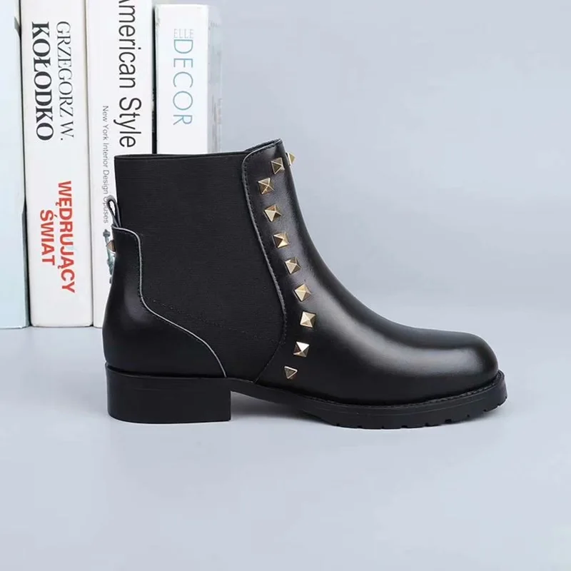 40 Picture Rivet Marque Cuir Véritable Chelsea Femmes Peep En Mode Cheville Pour As Bottes De Luxe Toe Talons Plats Taille 35 35q4ARjL