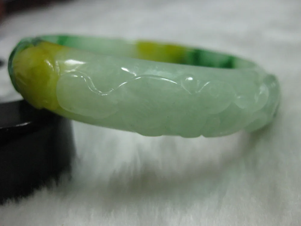 

free shipping 02091 NATURE BEAUTIFUL CARVING GREEN YELLOW JADE JADEITE BRACELET BANGLE